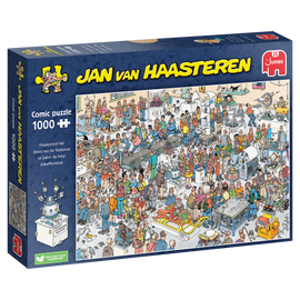 Futureproof Fair Jan van Haasteren jigsaw puzzle by Jumbo featuring an intricate comic scene with colorful characters and various futuristic exhibits. The box displays a 1000-piece puzzle illustration, showcasing a busy fair filled with technology and amusing details.