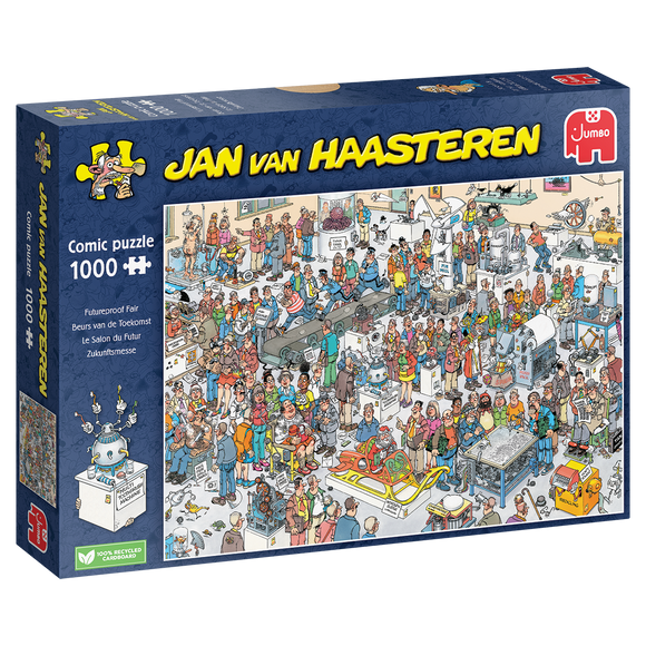 Futureproof Fair Jan van Haasteren jigsaw puzzle by Jumbo featuring an intricate comic scene with colorful characters and various futuristic exhibits. The box displays a 1000-piece puzzle illustration, showcasing a busy fair filled with technology and amusing details.