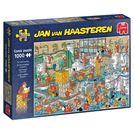 Jigsaw puzzle titled 'The Craft Brewery' by Jan van Haasteren from Jumbo. The box features colorful illustrations of a busy brewery filled with quirky characters engaging in various brewing activities. Contains 1000 pieces.