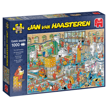 Jigsaw puzzle titled 'The Craft Brewery' by Jan van Haasteren from Jumbo. The box features colorful illustrations of a busy brewery filled with quirky characters engaging in various brewing activities. Contains 1000 pieces.