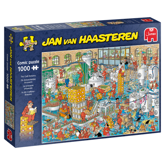 Jigsaw puzzle titled 'The Craft Brewery' by Jan van Haasteren from Jumbo. The box features colorful illustrations of a busy brewery filled with quirky characters engaging in various brewing activities. Contains 1000 pieces.