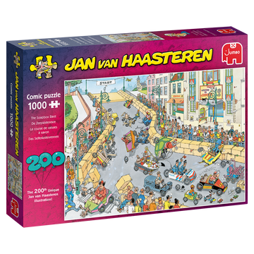 The Soapbox Race jigsaw puzzle by Jumbo features a vibrant, detailed comic scene of a soapbox race. With 1000 pieces, it showcases humorous characters in various colorful soapbox cars racing through a lively street filled with spectators. This is the 200th unique illustration by Jan van Haasteren, known for elaborate, whimsical designs and hidden details. Perfect for puzzle enthusiasts and fans of comic art.