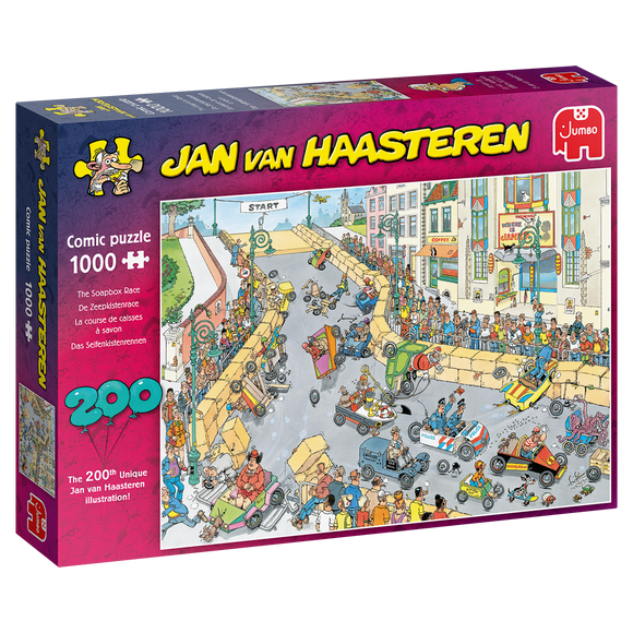 The Soapbox Race jigsaw puzzle by Jumbo features a vibrant, detailed comic scene of a soapbox race. With 1000 pieces, it showcases humorous characters in various colorful soapbox cars racing through a lively street filled with spectators. This is the 200th unique illustration by Jan van Haasteren, known for elaborate, whimsical designs and hidden details. Perfect for puzzle enthusiasts and fans of comic art.