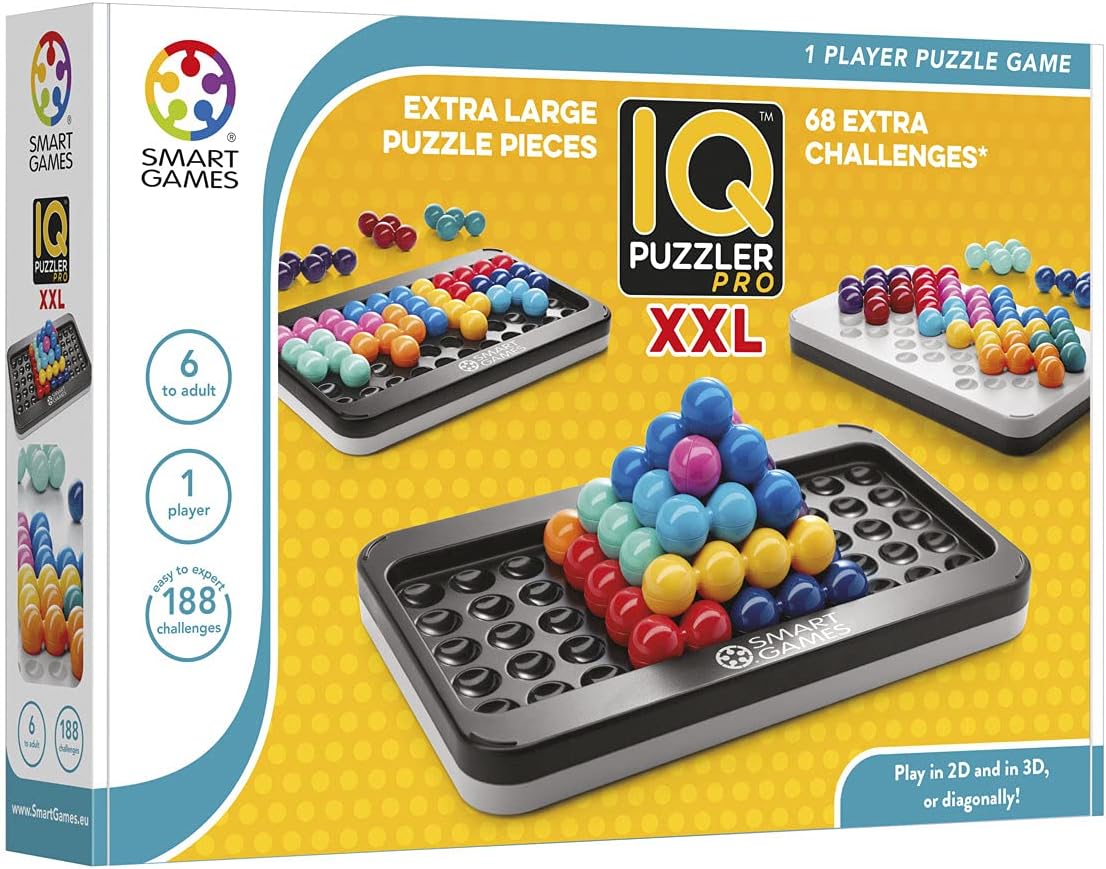 The IQ Puzzler Pro XXL is a mechanical puzzle game designed for one player. It features extra-large colorful puzzle pieces arranged in various 3D pyramid shapes on a black base. The packaging highlights 188 challenges, encouraging players to solve puzzles in 2D and 3D configurations. Suitable for ages 6 to adult.