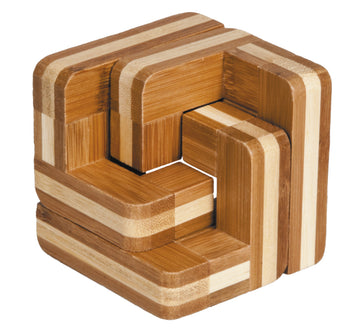 A beautifully crafted bamboo mechanical puzzle, featuring interlocking wooden pieces arranged in a cube-like structure. The puzzle showcases a mix of light and dark bamboo finishes, highlighting its natural design and smooth edges. Perfect for those who enjoy mind-bending challenges and intricate designs.