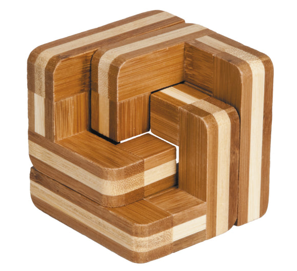 A beautifully crafted bamboo mechanical puzzle, featuring interlocking wooden pieces arranged in a cube-like structure. The puzzle showcases a mix of light and dark bamboo finishes, highlighting its natural design and smooth edges. Perfect for those who enjoy mind-bending challenges and intricate designs.