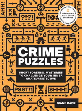A vibrant cover of the book '60-Second Brain Teasers Crime Puzzles' by Diane Capri. The cover features a bold title surrounded by various symbols like magnifying glasses, question marks, and crime scene graphics, emphasizing forensic mystery themes. Ideal for puzzle enthusiasts and amateur detectives.
