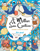 Coloring book titled "A Million Sea Creatures" by Lulu Mayo, featuring an illustration of various marine animals including seahorses, whales, and playful otters amidst colorful waves and seashells.