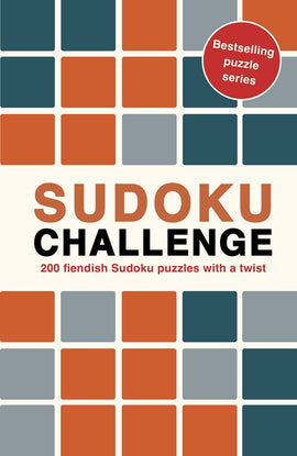 Sudoku Challenge book cover featuring the title prominently displayed in bold letters. The cover design includes blocks of varying colors such as orange, teal, and gray, along with a badge indicating 'Bestselling puzzle series'. The subtitle reads '200 fiendish Sudoku puzzles with a twist', emphasizing the challenging nature of the puzzles inside.