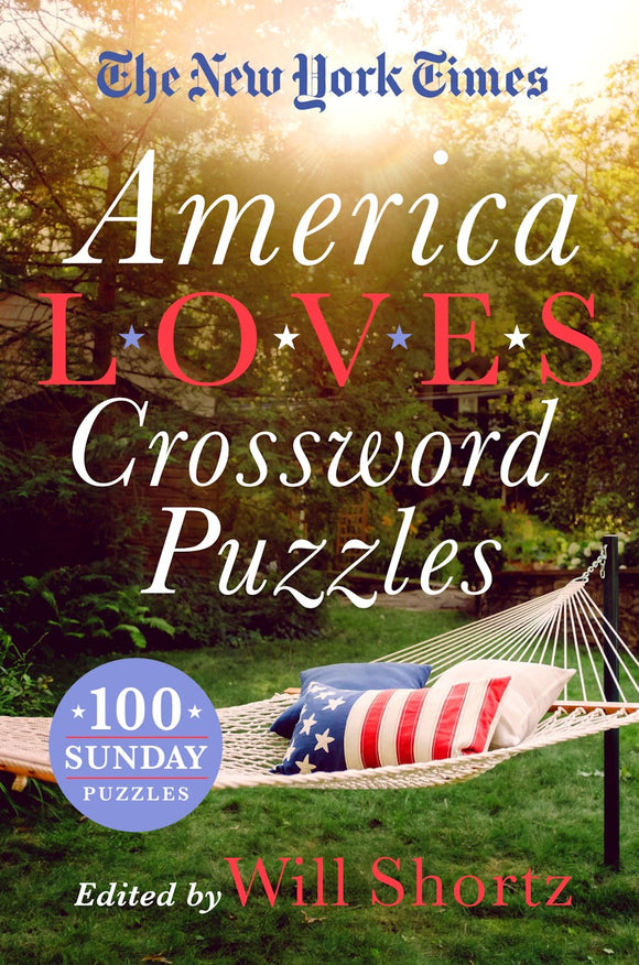Cover of the book 'America Loves Crossword Puzzles' by The New York Times, featuring colorful text, a hammock with pillows, and a vibrant outdoor setting. The book includes 100 Sunday puzzles edited by Will Shortz.