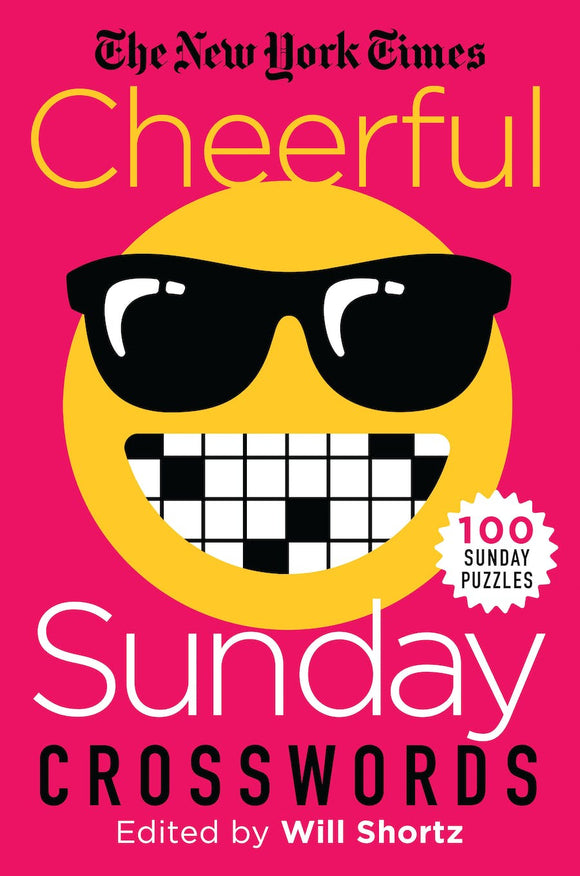 Cover of the NYT Cheerful Sunday Crosswords book. Featuring a bright pink background with a smiling emoji wearing sunglasses and displaying a grid pattern representing crossword puzzles. The title is bold and playful, emphasizing a fun approach to solving puzzles.