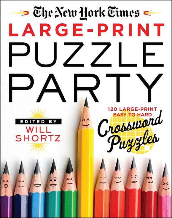 Cover of 'NYT Large-Print Puzzle Party Crosswords' book featuring large, colorful lettering. The design includes playful illustrations of smiling colored pencils, emphasizing the fun and engaging nature of the puzzles. The book contains 120 large-print crossword puzzles, suitable for all puzzle lovers.