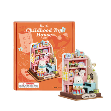 DIY Childhood Toy House by Robotime features an intricately designed playhouse model with colorful furniture and charming decorations. Perfect for creative building, this kit includes a lovely room filled with toys and delightful details. Ideal for children and adults alike who enjoy DIY projects.