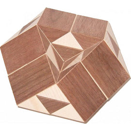 VINCO UFO mechanical puzzle featuring a geometric design with various wooden pieces in light and dark shades. The puzzle consists of interlocking shapes, perfect for enhancing problem-solving skills and providing hours of engaging fun.