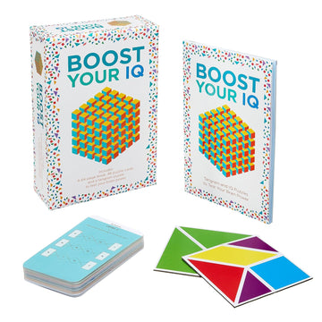 Boost Your IQ product package showcasing a colorful box and a 64-page book. The set includes IQ puzzle cards and a tangram puzzle, designed to enhance cognitive skills and brain power through engaging activities.