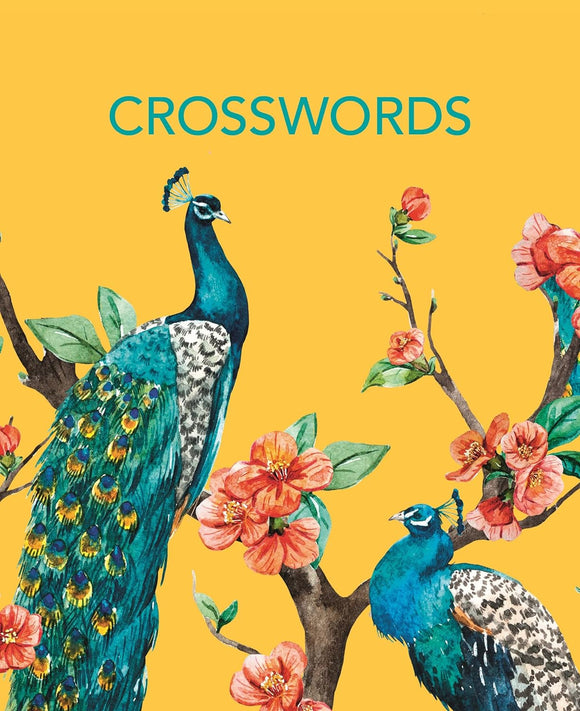 Colorful illustration featuring two peacocks amidst blooming flowers and leaves, with the word 'CROSSWORDS' boldly displayed above. The vibrant yellow background enhances the artwork's beauty, making it ideal for puzzle enthusiasts and nature lovers.