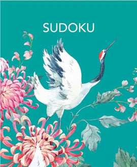 A beautifully illustrated Sudoku book cover featuring a graceful crane flying among vibrant floral designs in shades of pink and green. The word 'SUDOKU' is prominently displayed at the top.