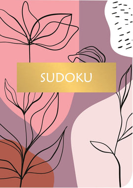Cover of the Sudoku book featuring a minimalistic design with line drawings of flowers on a relaxed color background. The title 'SUDOKU' is displayed prominently in a gold block.