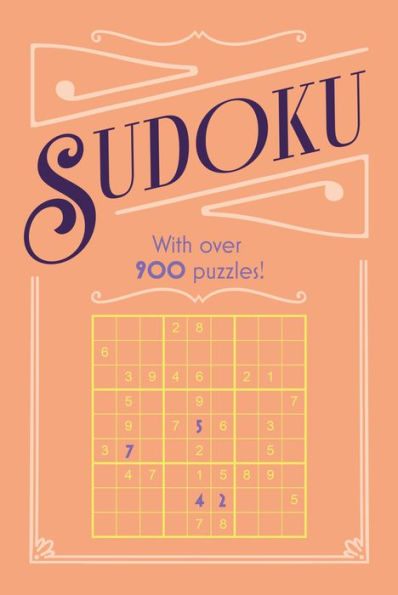 Cover of the Sudoku book by Arcturus, featuring a vibrant salmon background and bold typography. The cover indicates there are over 900 puzzles to solve, with a sample grid layout showing various numbers filled in.