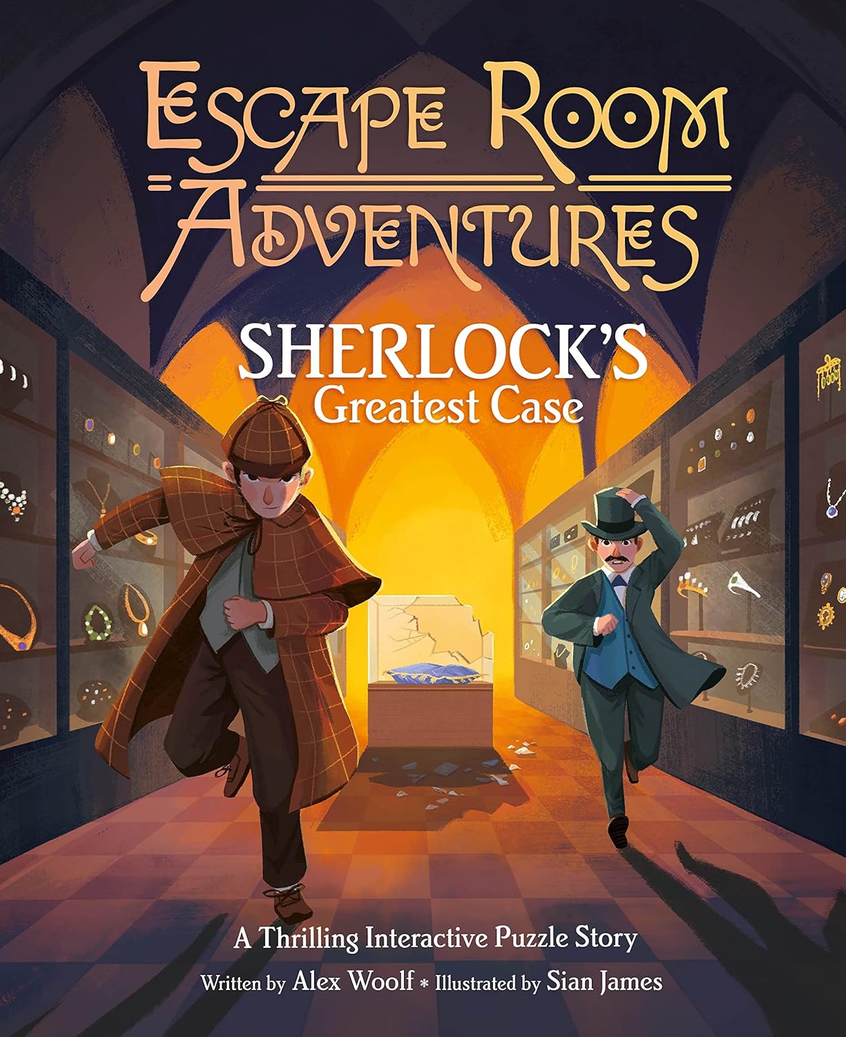 Cover of 'Escape Room Adventures: Sherlock's Greatest Case' by Arcturus, featuring two characters in Victorian attire running through a jewel-filled room, highlighting the immersive adventure of solving mysteries with interactive storytelling.