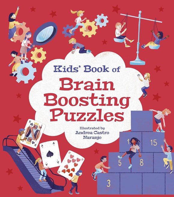 Cover of 'Kid's Book of Brain Boosting Puzzles' by Arcturus. The colorful illustration shows children engaging with various puzzles, gears, and playful activities against a vibrant red background.