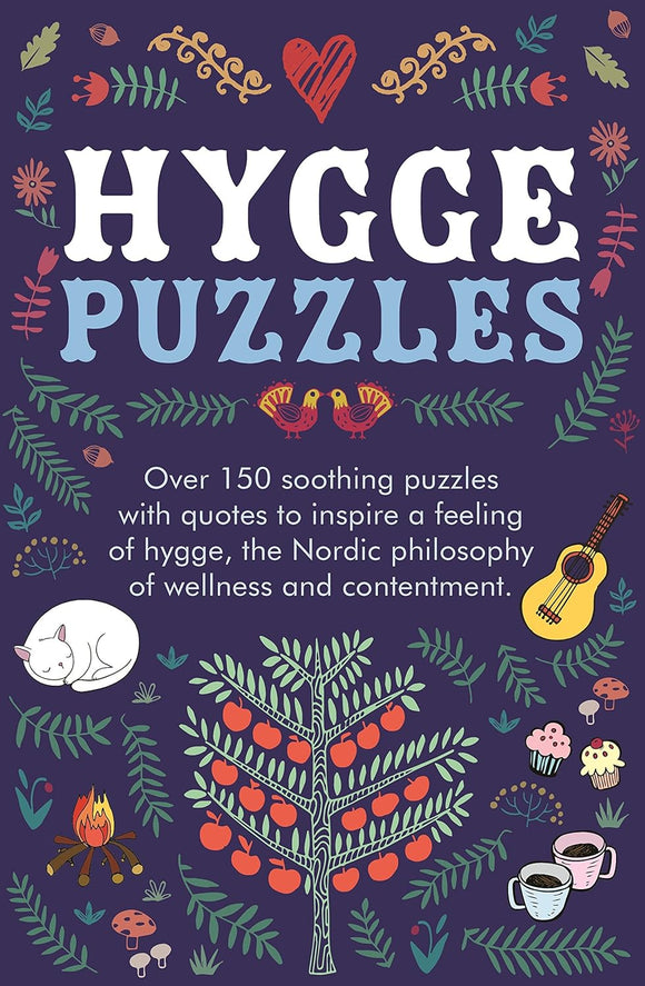 A beautifully designed book cover for 'Hygge Puzzles' featuring vibrant illustrations of a tree with red apples, a sleeping cat, a campfire, flowers, and musical instruments. The title is prominently displayed, promoting a collection of over 150 soothing puzzles that reflect the cozy Nordic philosophy of hygge.
