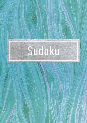 The cover of a Sudoku book featuring a vibrant blue and green marbled design. The title 'Sudoku' is prominently displayed in white text within a silver rectangular border, suggesting a stylish and modern look for puzzle enthusiasts.
