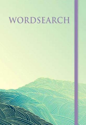 The Wordsearch book by Arcturus features a beautifully designed cover depicting abstract mountain ranges in soothing green and blue tones, with the title 'WORDSEARCH' prominently displayed at the top in elegant lettering.