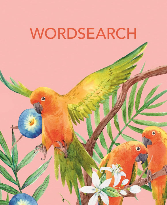 A colorful illustration featuring three parrot-like birds amidst tropical foliage and flowers. The word 'WORDSEARCH' is prominently displayed above the vibrant scene. The parrots are primarily orange with green wings, engaging with blue fruits and white flowers, set against a soft pink background.