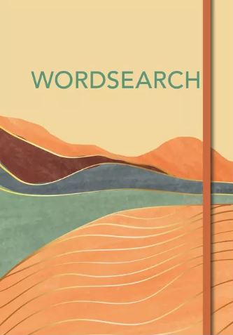 Cover of the Wordsearch book by Arcturus, featuring a stylized design of mountains and water in warm colors. The title 'WORDSEARCH' is prominently displayed at the top.