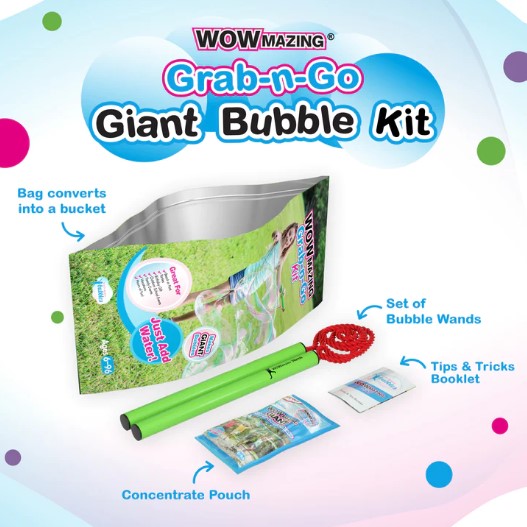 WOWmazing Grab-n-Go Giant Bubble Kit includes a bag that converts into a bucket, a set of bubble wands, a concentrate pouch for bubble solution, and a tips and tricks booklet to create enormous bubbles. Perfect for outdoor fun and playdates.
