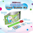 WOWmazing Grab-n-Go Giant Bubble Kit includes a bag that converts into a bucket, a set of bubble wands, a concentrate pouch for bubble solution, and a tips and tricks booklet to create enormous bubbles. Perfect for outdoor fun and playdates.