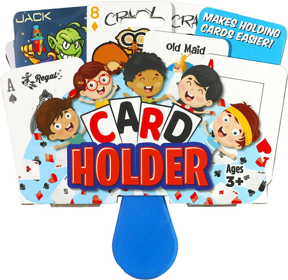 A colorful Kids Card Holder from Regal Games featuring cartoon characters on the packaging. The design shows cards in playful colors, highlighting its fun and engaging nature for children aged 3 and up. The card holder simplifies gameplay by allowing kids to hold playing cards easily during games like Old Maid.