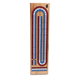 Cribbage 3 Track board game by John N. Hansen Co. Inc. featuring three distinct tracks for scoring with a mix of red and blue pegs on a wood surface. Ideal for classic gameplay with family and friends.