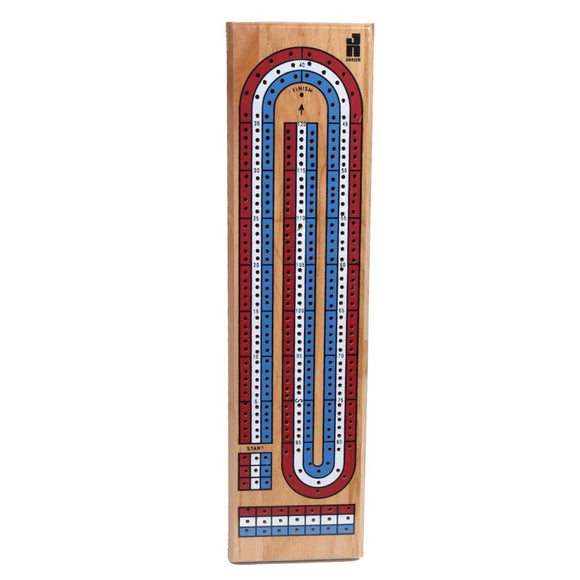 Cribbage 3 Track board game by John N. Hansen Co. Inc. featuring three distinct tracks for scoring with a mix of red and blue pegs on a wood surface. Ideal for classic gameplay with family and friends.