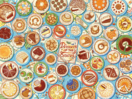 A colorful jigsaw puzzle titled 'Desserts of the States' featuring an array of illustrated desserts from different states. Each state is represented with its signature dessert, surrounded by bright blue backgrounds and decorative elements. The center displays the title prominently, creating a whimsical and engaging visual experience.