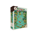 Lake Living jigsaw puzzle by True South Puzzles, featuring a vibrant, detailed illustration of a serene lake scene with people enjoying various activities such as boating, fishing, and relaxing by the water. Includes lush greenery, charming houses, and a whole array of wildlife, perfect for puzzle enthusiasts.