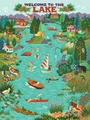 A vibrant jigsaw puzzle titled 'Welcome to the Lake,' showcasing a picturesque lake scene filled with various activities. Elements include people swimming, fishing, kayaking, and sailing, surrounded by lush trees, wildlife, and charming cabins. The colorful artwork captures the joy of lake life.