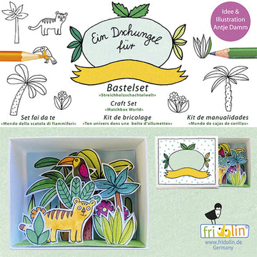 Fridolin Matchbox Kit Jungle is a creative DIY craft set designed for kids. It features colorful jungle-themed cutouts including plants and animals like a tiger and a toucan, packaged in an organized box. Ideal for artistic projects and imaginative play, it encourages creativity and fine motor skills.