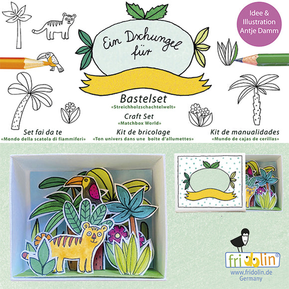 Fridolin Matchbox Kit Jungle is a creative DIY craft set designed for kids. It features colorful jungle-themed cutouts including plants and animals like a tiger and a toucan, packaged in an organized box. Ideal for artistic projects and imaginative play, it encourages creativity and fine motor skills.