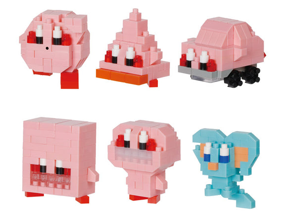A collection of Nanoblock figures inspired by Kirby and the Forgotten Land, featuring various characters in pink and blue colors, including Kirby's iconic design and other themed elements. The set showcases the creative assembly of small building blocks, appealing to fans of the game and block-building enthusiasts.
