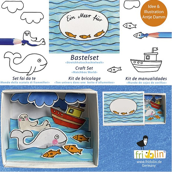 The Matchbox Kit Ocean and Fishes by fridolin features a colorful DIY craft set showcasing a vibrant ocean theme. It includes whimsical illustrations of fish, a whale, and a boat, perfect for creative fun. This kit encourages artistic expression and imaginative play, ideal for children and craft enthusiasts.