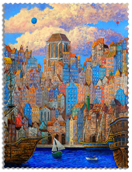 A colorful jigsaw puzzle featuring a vibrant cityscape by Roch Urbaniak. The puzzle illustrates a detailed waterfront with varied architecture and boats on the water, surrounded by a blue sky and fluffy clouds.