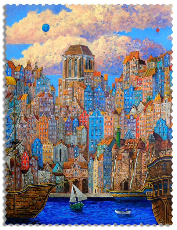 A colorful jigsaw puzzle featuring a vibrant cityscape by Roch Urbaniak. The puzzle illustrates a detailed waterfront with varied architecture and boats on the water, surrounded by a blue sky and fluffy clouds.