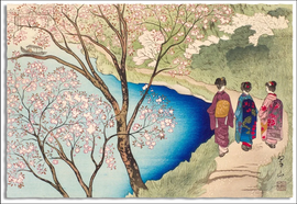 Jigsaw puzzle titled 'Cherry Blossoms' by Miki Suizan, featuring a serene landscape with blooming cherry trees and three women in traditional attire walking by a blue lake. The vibrant colors capture the beauty of spring, creating an enchanting scene for puzzle enthusiasts.