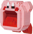 A colorful DIY kit featuring a Nanoblock Inhaling Kirby model. It showcases Kirby's iconic round pink body, with a wide open mouth showcasing red blocks as a tongue. The eyes are depicted with small black and white blocks, giving it a playful and adorable appearance. This unique building kit encourages creativity and enhances fine motor skills.