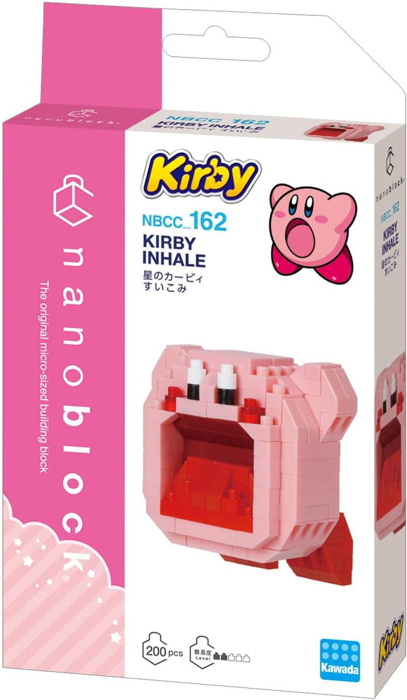 Nanoblock Inhaling Kirby DIY kit featuring a detailed miniature version of the beloved character Kirby, complete with vibrant pink and red bricks. The product includes 200 micro-sized pieces for building a fun and creative model, ideal for fans of Kirby and collectors of unique building kits.