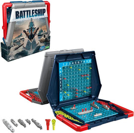 Battleship Classic 2022 game by Hasbro featuring a strategic tabletop design. The game includes a flip-open board with coordinates for tracking ship placements and attack moves, alongside ships and pegs for gameplay.