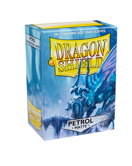 Dragon Shields Matte Petrol: A sleek packaging displaying 100 standard size card sleeves. The front features a striking blue and silver dragon design, perfect for protecting collectible cards.