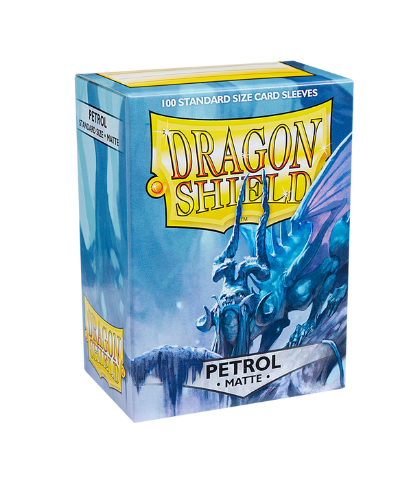 Dragon Shields Matte Petrol: A sleek packaging displaying 100 standard size card sleeves. The front features a striking blue and silver dragon design, perfect for protecting collectible cards.